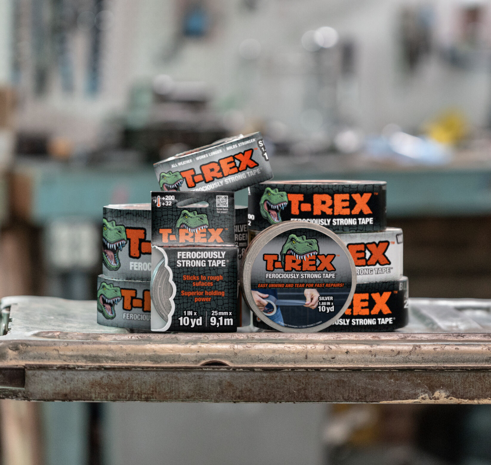 T-Rex Duct Tapes stacked on a metal board