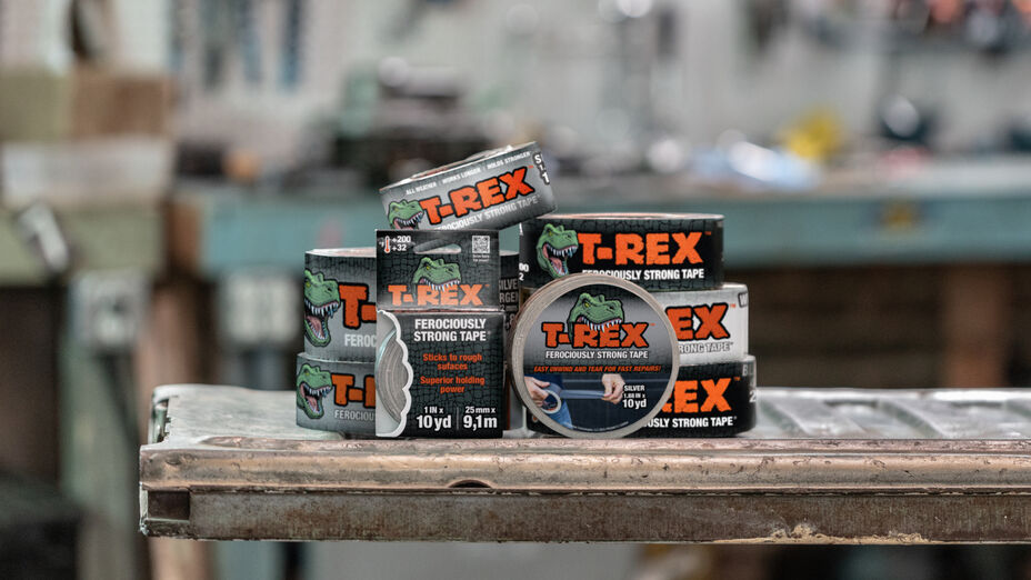 T-Rex Duct Tapes stacked on a metal board