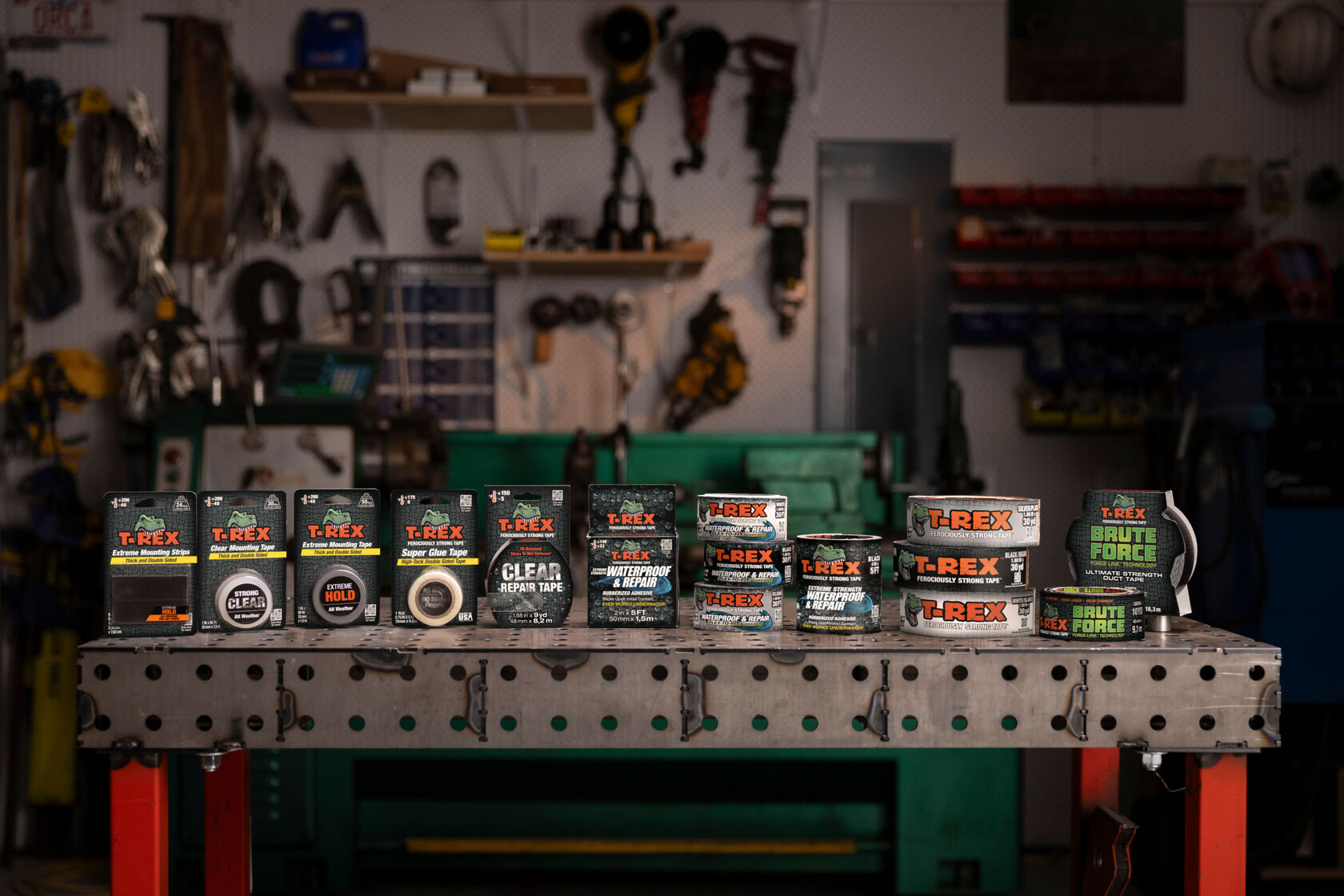 A group shot of all T-Rex Products on a metal work bench.