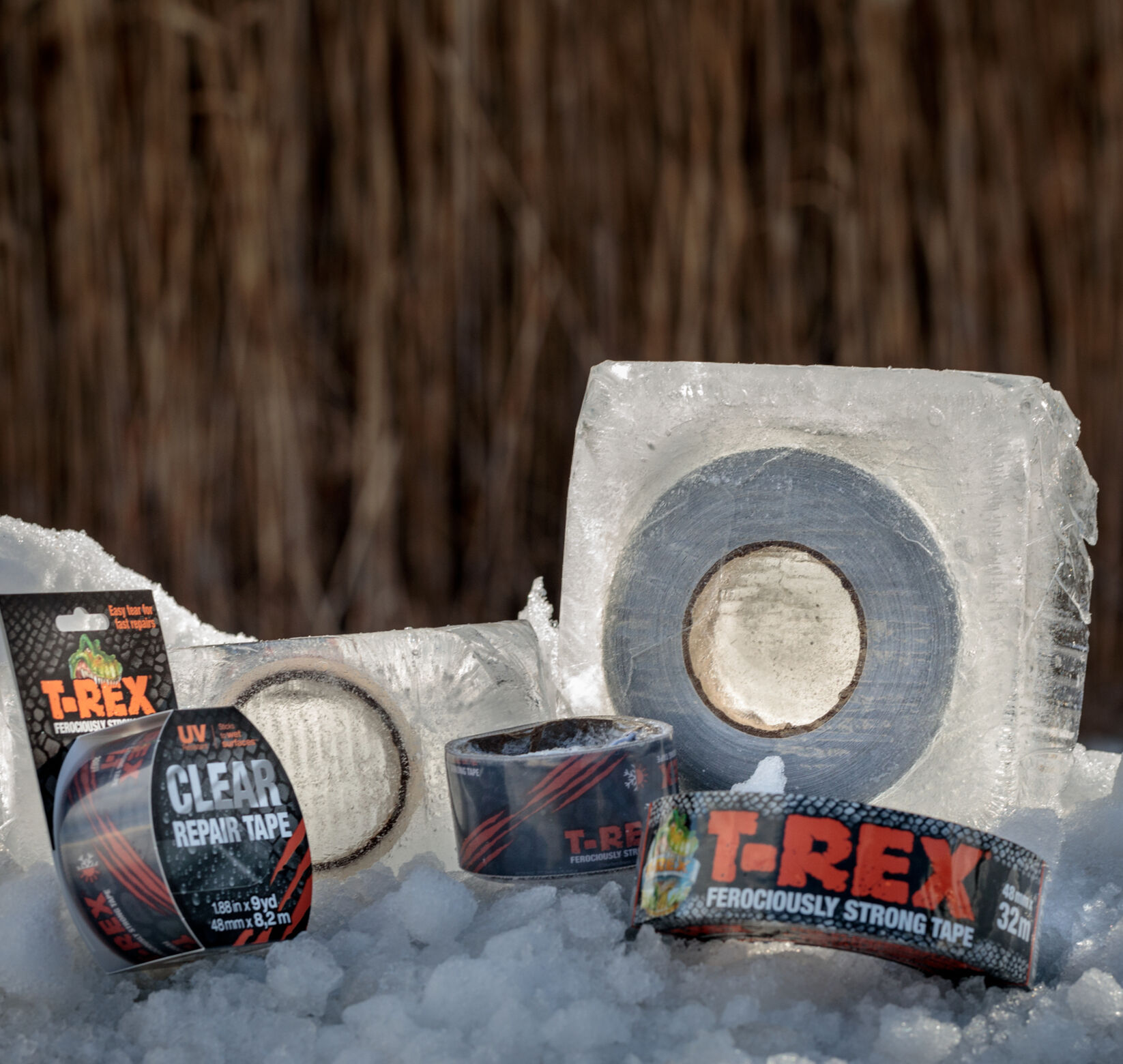 A few rolls of T-Rex Tape in the snow, Two of the five rolls are frozen in ice.