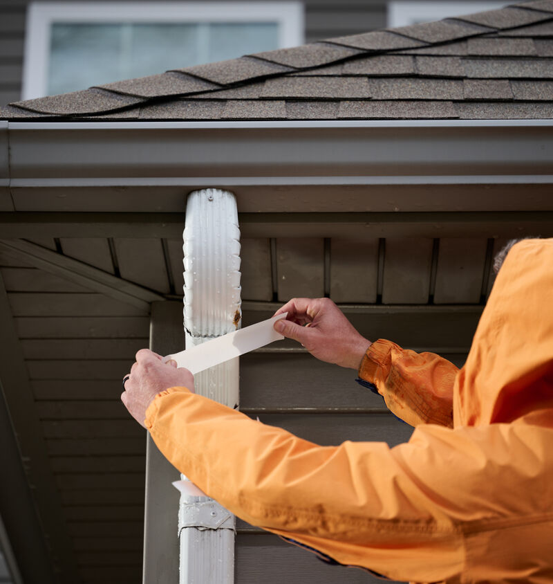 A gutter being repaired with white T-Rex Waterproof and Repair Tape