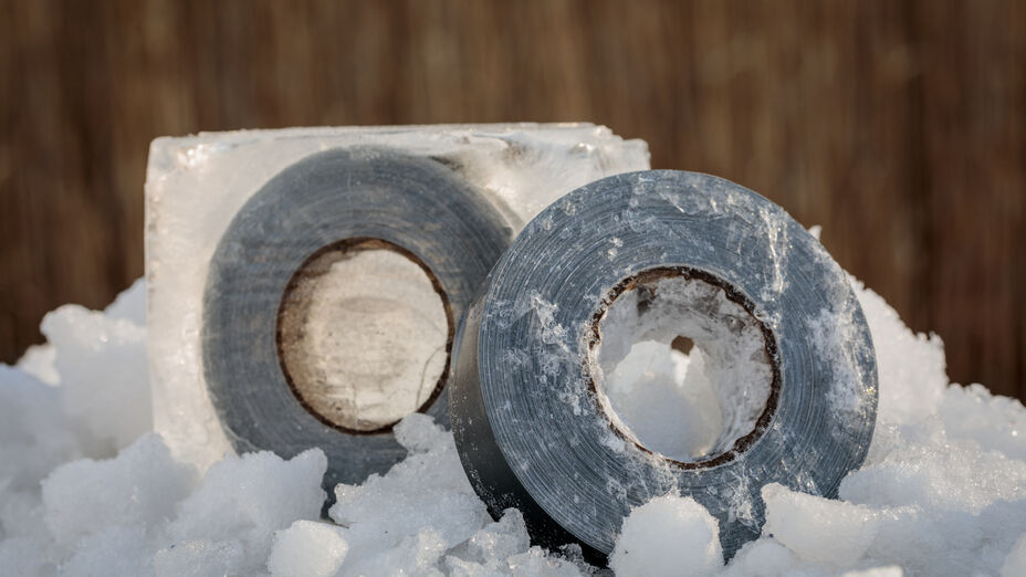 Two Rolls of T-Rex Duct Tape in the snow. One of them is frozen in a block of ice.